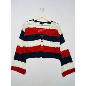 33 Degrees Crochet Cropped Striped Cardigan Sweater with Bell Sleeves Sz Medium